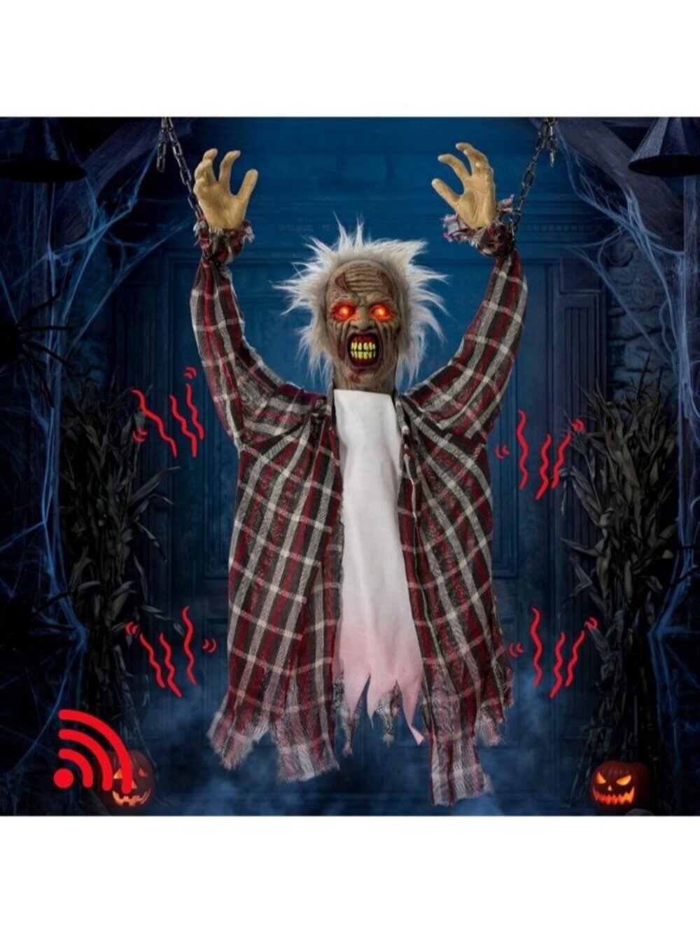 3.6FT Halloween Animatronic Hanging Imprisoned Zombie Sound Activated Shaking